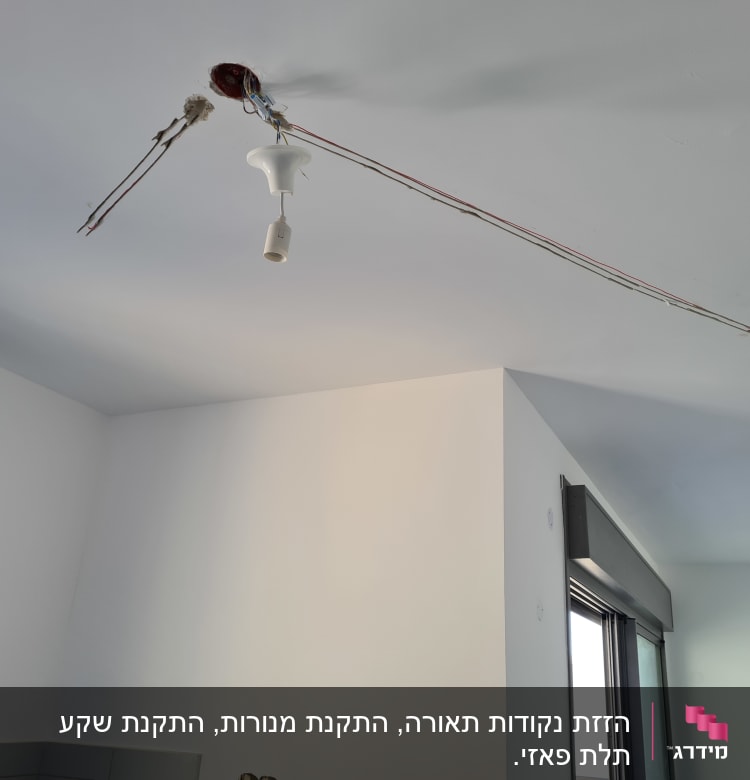 חוטי חשמל תלויים מהתקרה עם בית מנורה